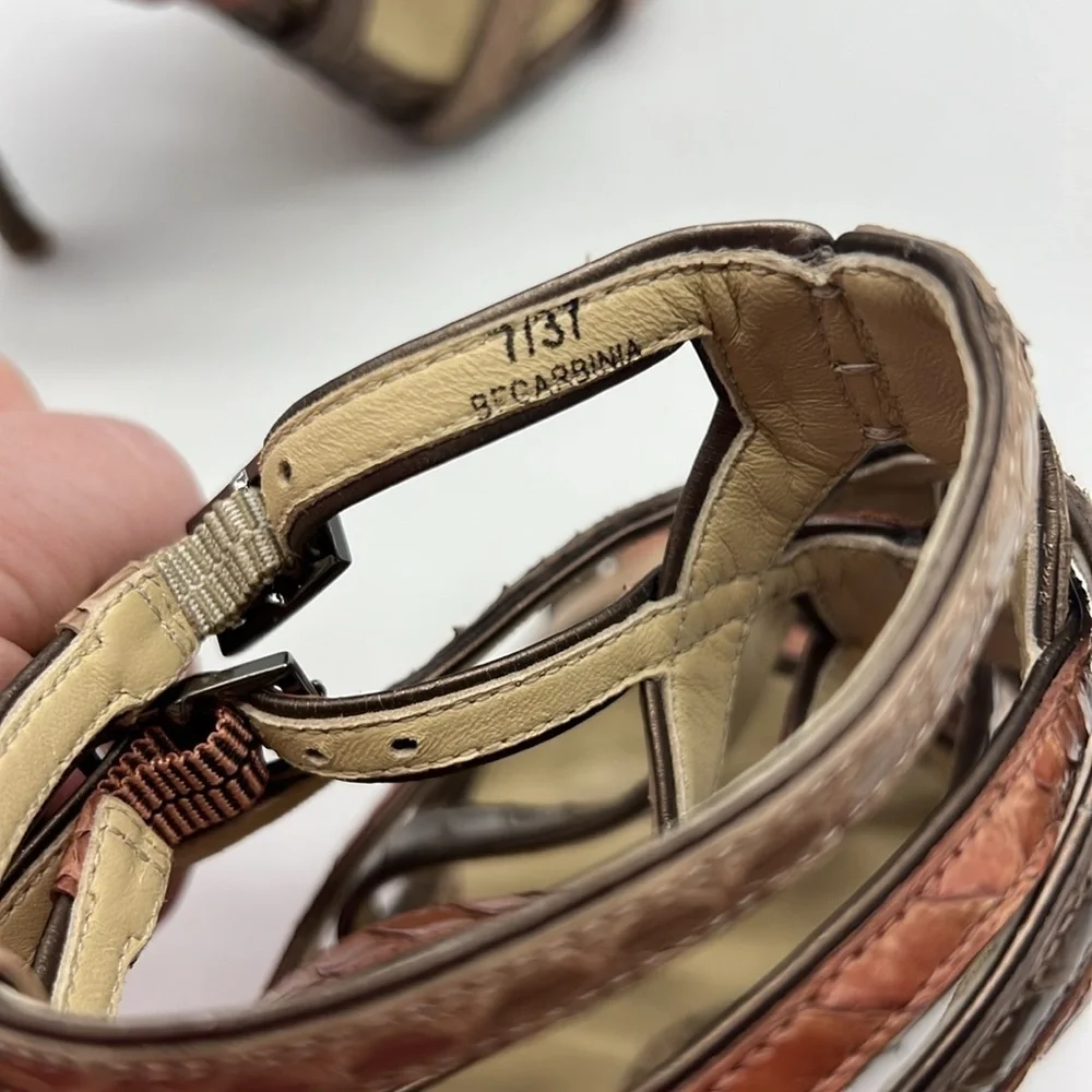 Brian Atwood Women US 7 EU 37 brown snakeskin strappy heeled sandals side buckle